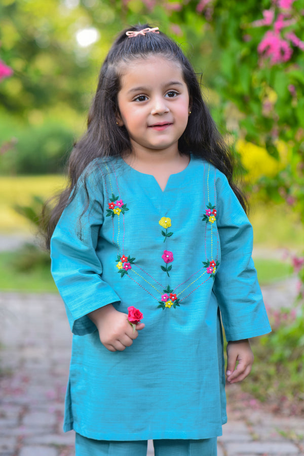 2 Piece - Embroidered Khaddar Suit (Aqua)